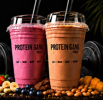 Two Protein Gang shakes with fruit, nuts and a dumbbell